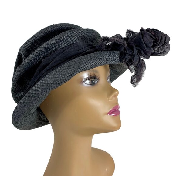 VTG Black Woven Raffia Floppy Cloche Hat Floral Chiffon Bow Accent By Zoey 90s - Picture 5 of 7